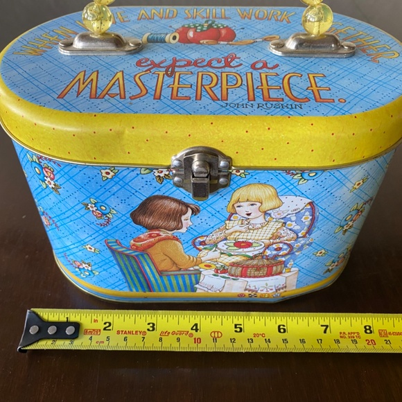 Mary Engelbreit Tin Sewing Box Beaded Handle Latch Box caddy crafts Love & Skill - Picture 3 of 9